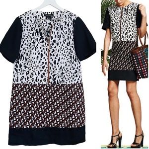 Duro Olowu 100% Linen Black & White Mixed Print Short Sleeve Zipper Dress Medium